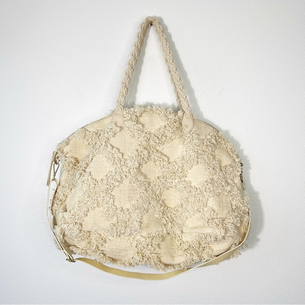 Anthropologie Trellis Weekender Tote Fringe Cream Large Boho Bag - Picture 5 of 12